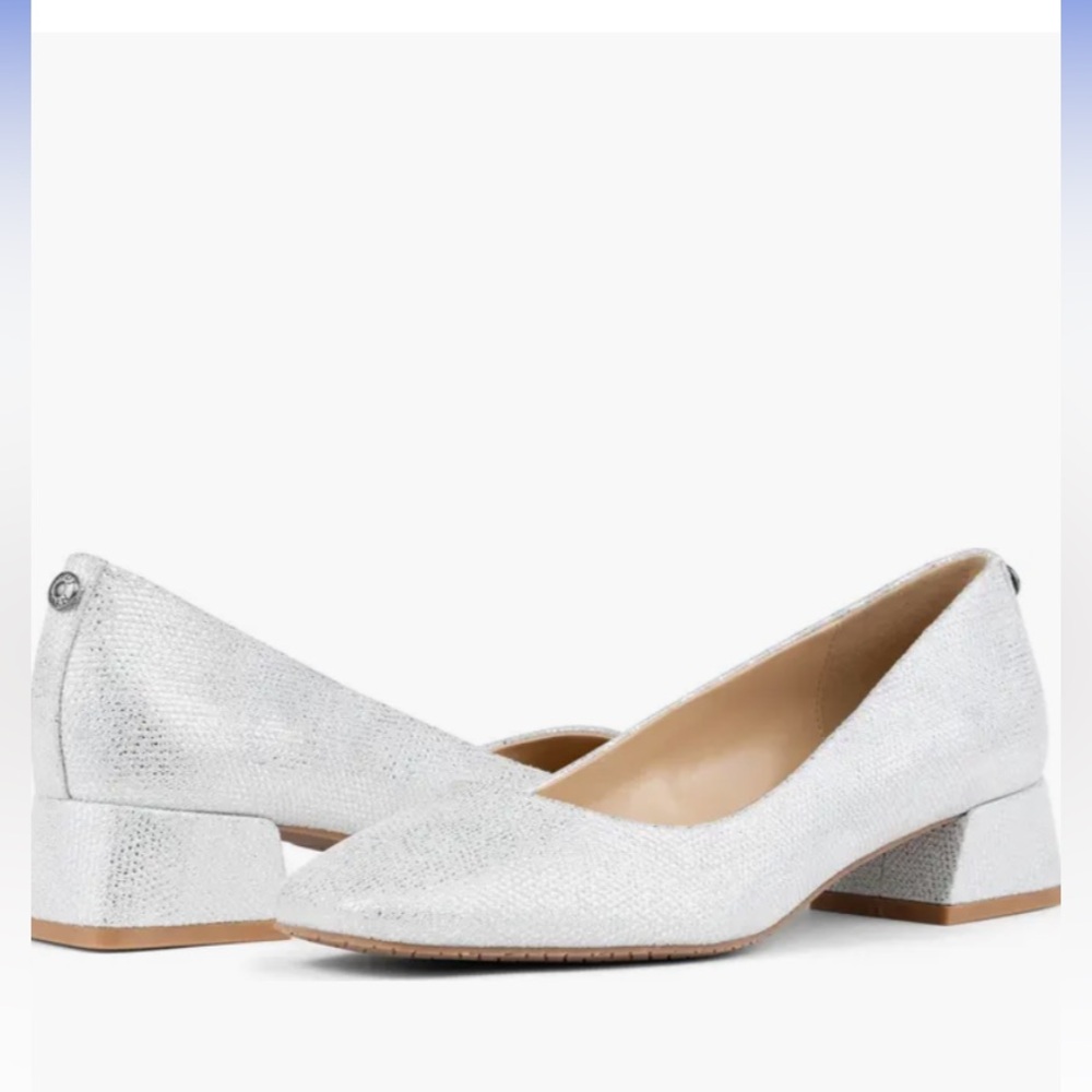 NYDJ‎ Teddie Leather Block Heel Square Toe Pumps Metallic Silver shoe 9M NEW!